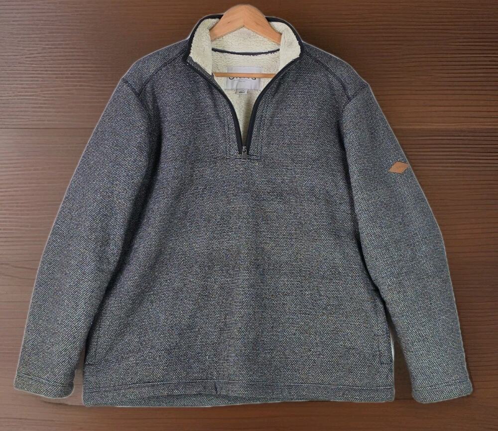 Orvis Quarter Zip Pullover Men's Large Grey Sherpa Lined Textured Knit Sweater